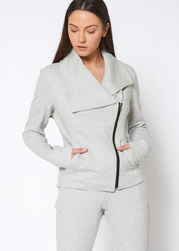 Relaxed Fashion Women's Oversized Collar Zip-Up Moto Jacket In Heather Grey