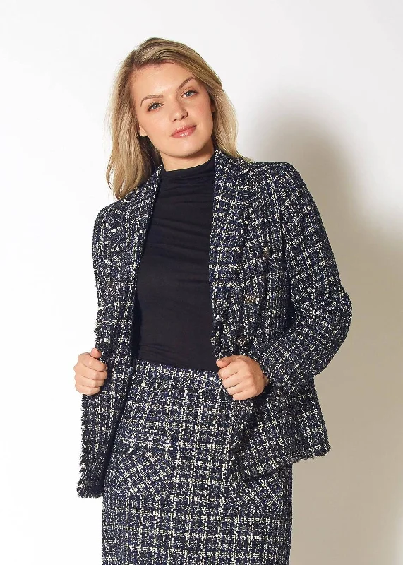 High-end atmosphere Women's Tweed Fringe Hem Blazer Jacket in Navy Tweed