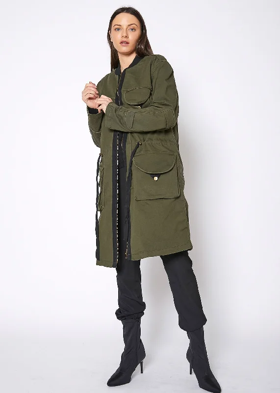 Fashion Style Women's Zip Up Long Utility Jacket In Olive