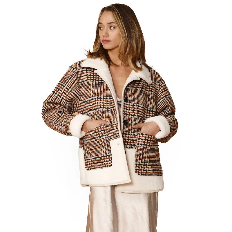 Retro Style Women's Plaid Fur Jacket in Rust Houndstooth