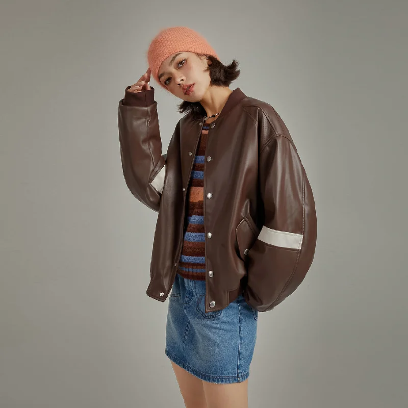 Literary Style Color Varsity Leather Jacket