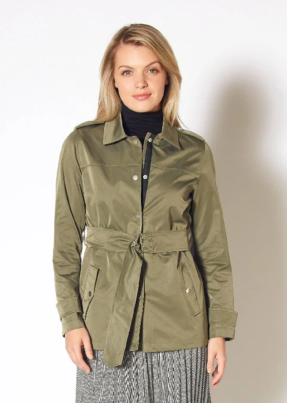 Windbreaker fashion Women's Olive Windbreaker Belted Collar Jacket in Olive