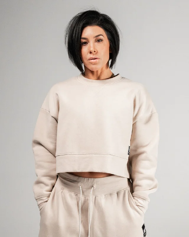 Lounge Chic WOMENS OVERSIZED CROP CREWNECK - TAN