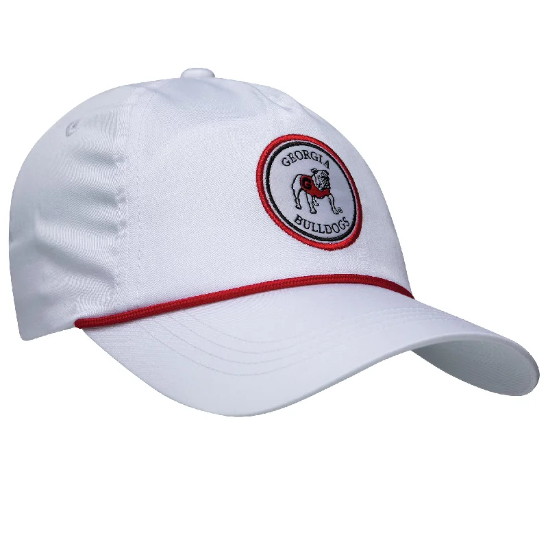Fashion Touch Standing Bulldog Patch Rope Hat - White Hat / Red Rope