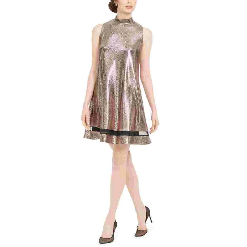 Unique Design Robbie Bee Women's Gold Tie Patterned Sleeveless Mandarin Collar Above The Knee Shift Cocktail Dress Gold Size Petite Medium