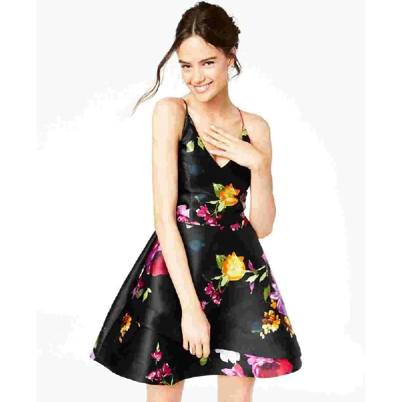Elegant And Simple BCX Women's Floral Spaghetti Strap V Neck Mini Fit Flare Party Dress Black Size 5