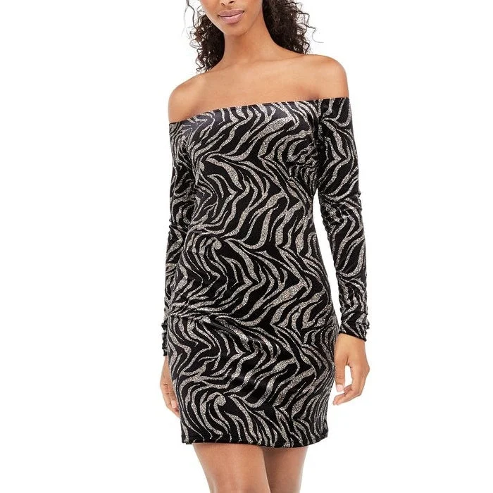 Sports And Leisure Bebe Women's Glitter Long Sleeve Off Shoulder Above The Knee Body Con Evening Dress Black Size Medium