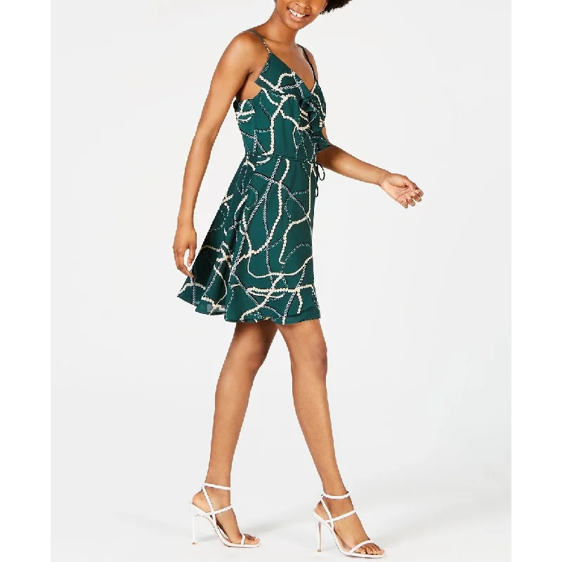 High-quality fabrics Teeze Me Women's Ruffled Printed Spaghetti Strap V Neck Short Faux Wrap Dress Green Size 1 High-quality fabrics Teeze Me Women's Ruffled Printed Spaghetti Strap V Neck Short Faux Wrap Dress Green Size 1