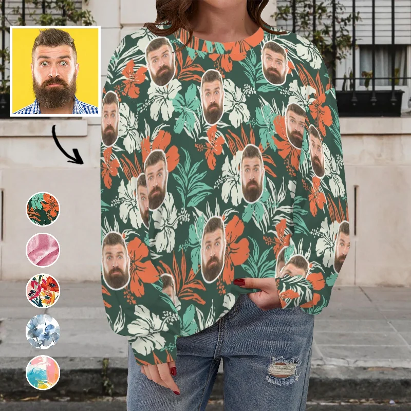Trendy Looks Custom Face Flowers and Leaves Women's Casual Long Sleeve Sweatshirts