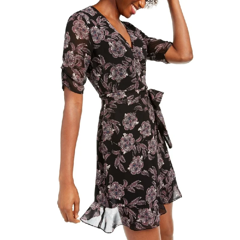 French Style 1.State Women's Ruched Sleeve Baroque Faux Wrap Dress Black Size 6