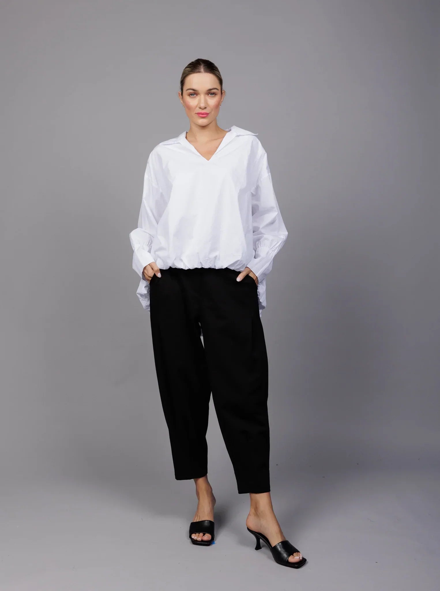 Lace Design Paolo Tricot, SM5557 Collared Pull On Blouson Shirt White