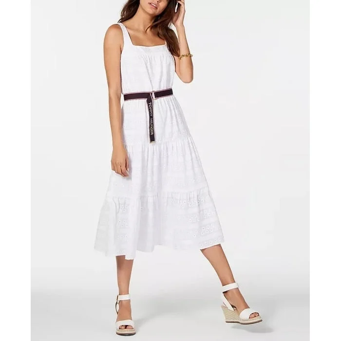 New Autumn And Winter Styles Tommy Hilfiger Women's Cotton Eyelet Midi Dress White Size 6