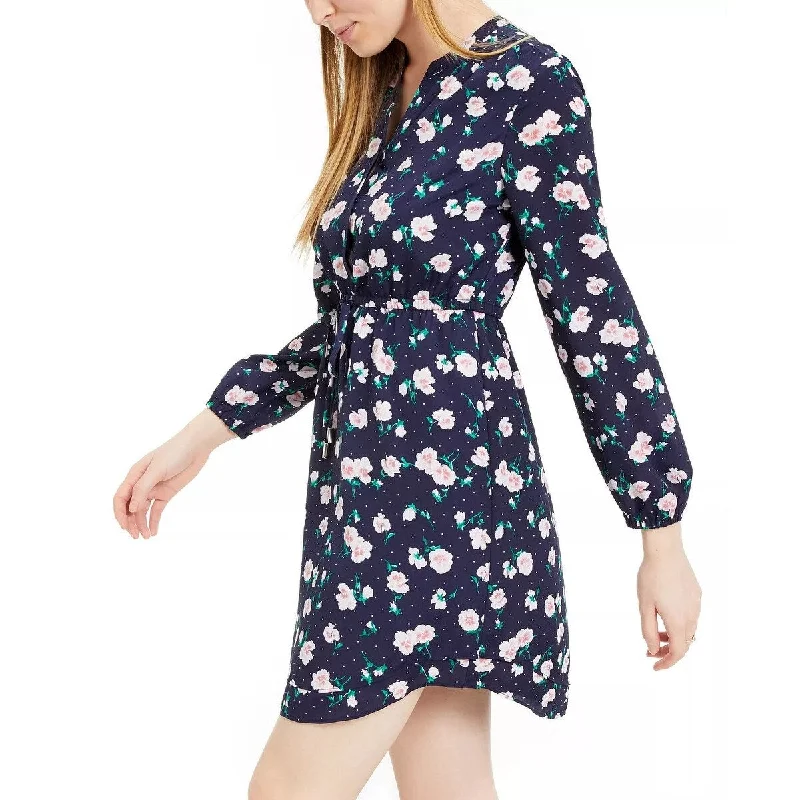 Exquisite Fabrics Maison Jules Women's Floral Long Sleeve V Neck Short Sheath Dress Blue Size Xx-Small