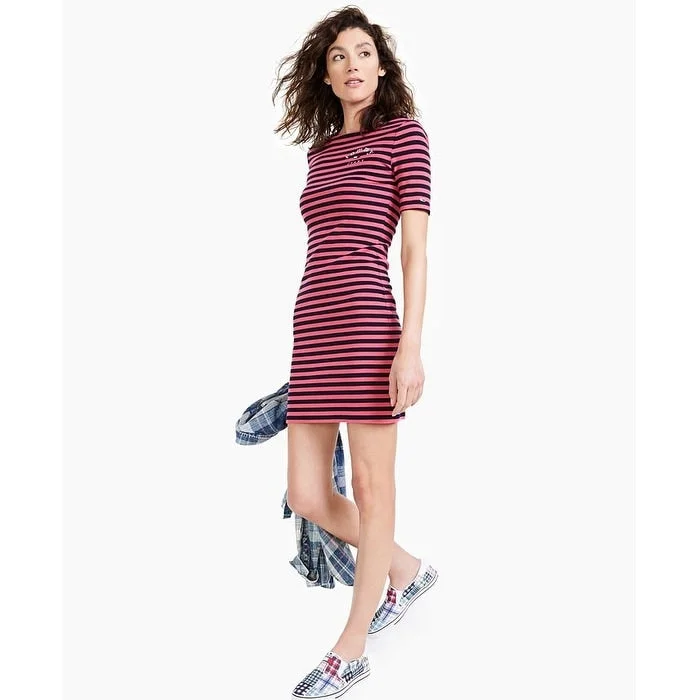 Sexy Fun Tommy Jeans Women's Cotton Blend Unlined Short Sleeve Short Body Con Dress Pink Size Large