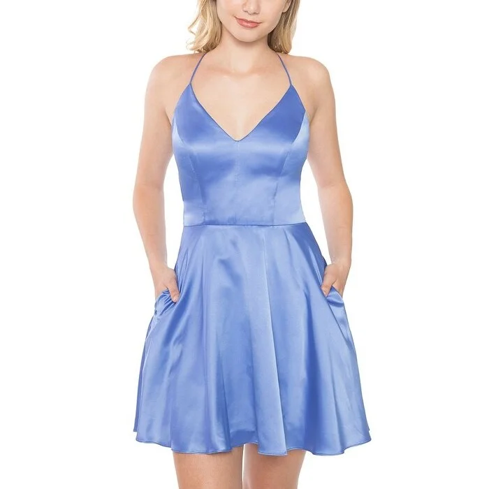 Leisure And Entertainment B Darlin Women's Stretch Zippered Pocketed Lace Back Lined Sleeveless V Neck Short Fit Flare Dress Blue Size 9-10 - 9\10 Leisure And Entertainment B Darlin Women's Stretch Zippered Pocketed Lace Back Lined Sleeveless V Neck Short Fit Flare Dress Blue Size 9-10 - 9\10