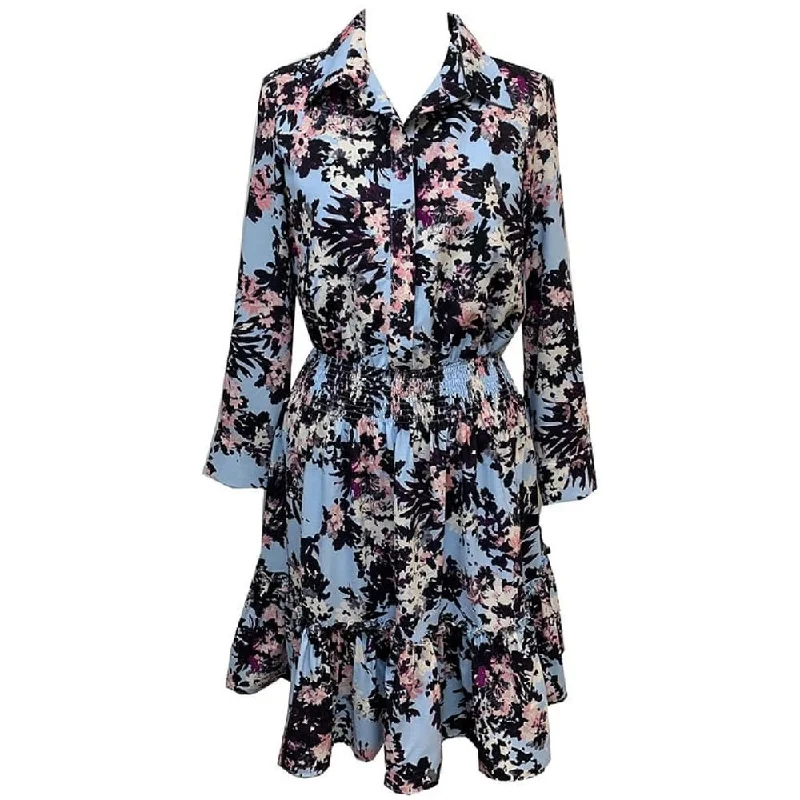 Personal Charm Taylor Women's Floral Print Flared Shirtdress Blue Size 6