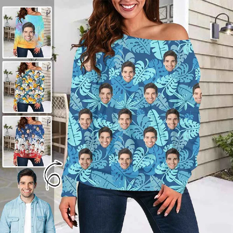 Luxury Fashion Custom Your Face Women's Off Shoulder Tops Shirts Long Sleeve Boat Neck Blouses