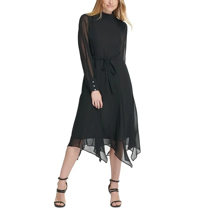 Printed Patterns Dkny Women's Turtleneck With Tie Waist Dress Black Size 0