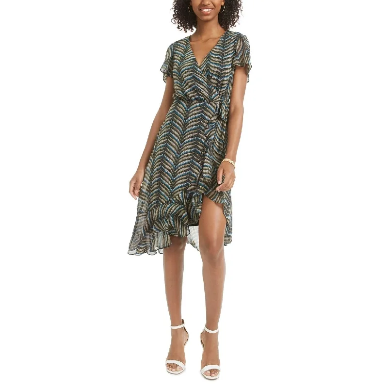 Floral Prints City Studios Women's Belted Printed Short Sleeve V Neck Knee Length Sheath Dress Green Size 3