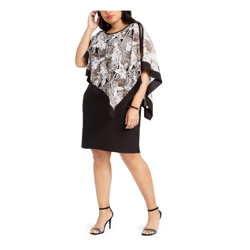 Simple Solid Color R M Richards Women's Cold Shoulder Floral 3/4 Sleeve Jewel Neck Knee Length Sheath Cocktail Dress Black Size 20W