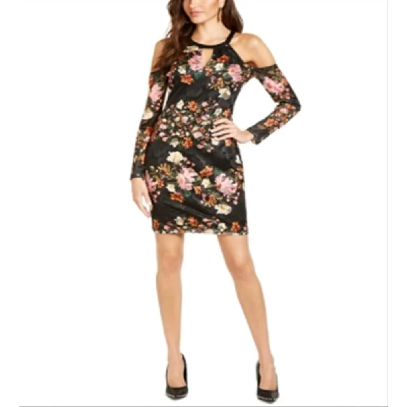 Youthful Guess Women's Cold Shoulder Floral Long Sleeve Halter Short Body Con Dress Green Size 8