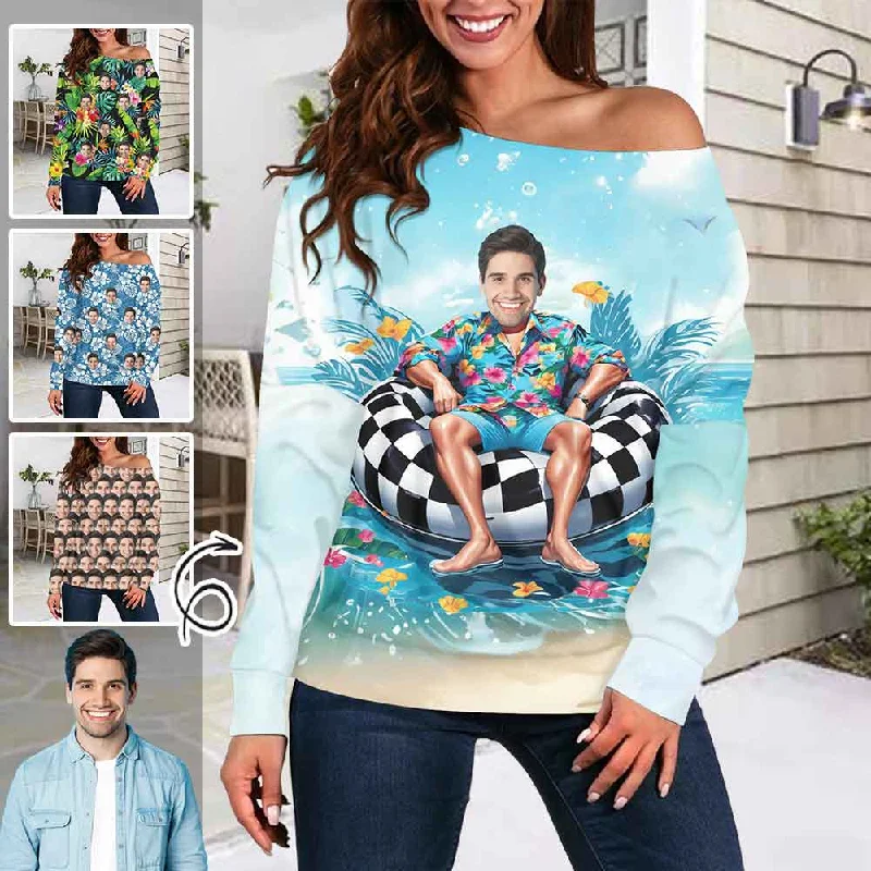 Leisure Sports Custom Face Flowers Women's Off Shoulder Tops Shirts Long Sleeve Boat Neck Blouses