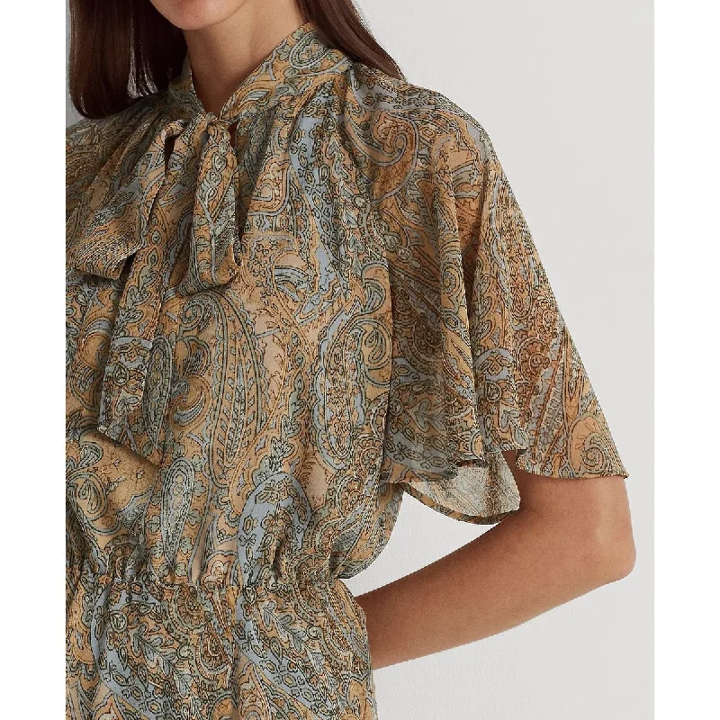 Practical Style Ralph Lauren Women's Paisley Short Sleeve Tie Neck Midi Wear To Work Shift Dress Blue Size 6 Practical Style Ralph Lauren Women's Paisley Short Sleeve Tie Neck Midi Wear To Work Shift Dress Blue Size 6