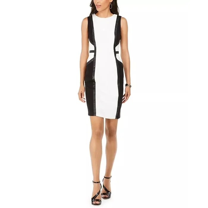Avant-garde Design Taylor Women's Crew Neck Sleeveless Banded Zipper Back Pockets Crepe Panel Dress White Size 10