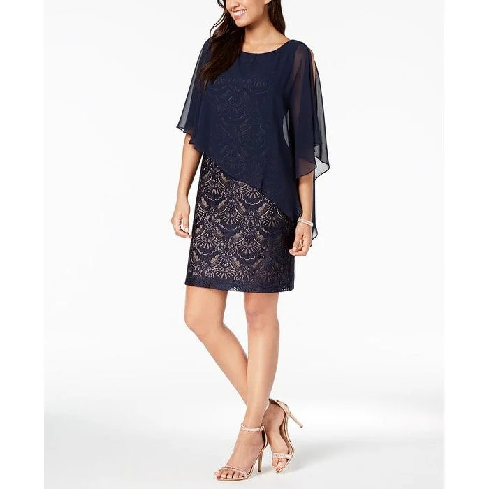 Casual And Comfortable Connected Women's Plus Asymmetric Lace Capelet Dress Blue Size 6