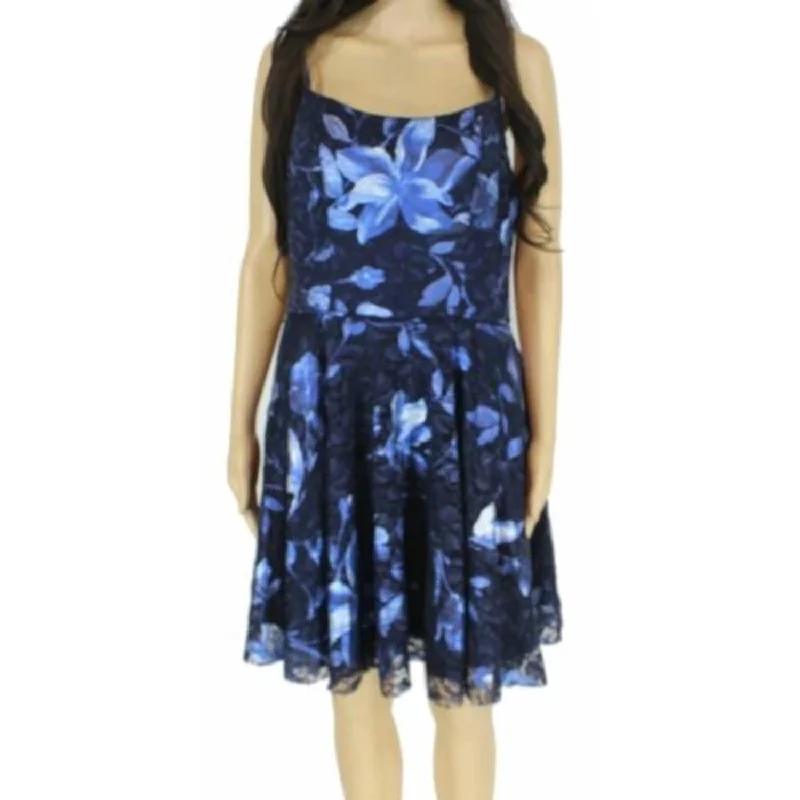 Exclusive Customization Blondie Nites Women's Zippered Floral Spaghetti Strap Scoop Neck Short Party Fit Flare Dress Blue Size 1 Exclusive Customization Blondie Nites Women's Zippered Floral Spaghetti Strap Scoop Neck Short Party Fit Flare Dress Blue Size 1