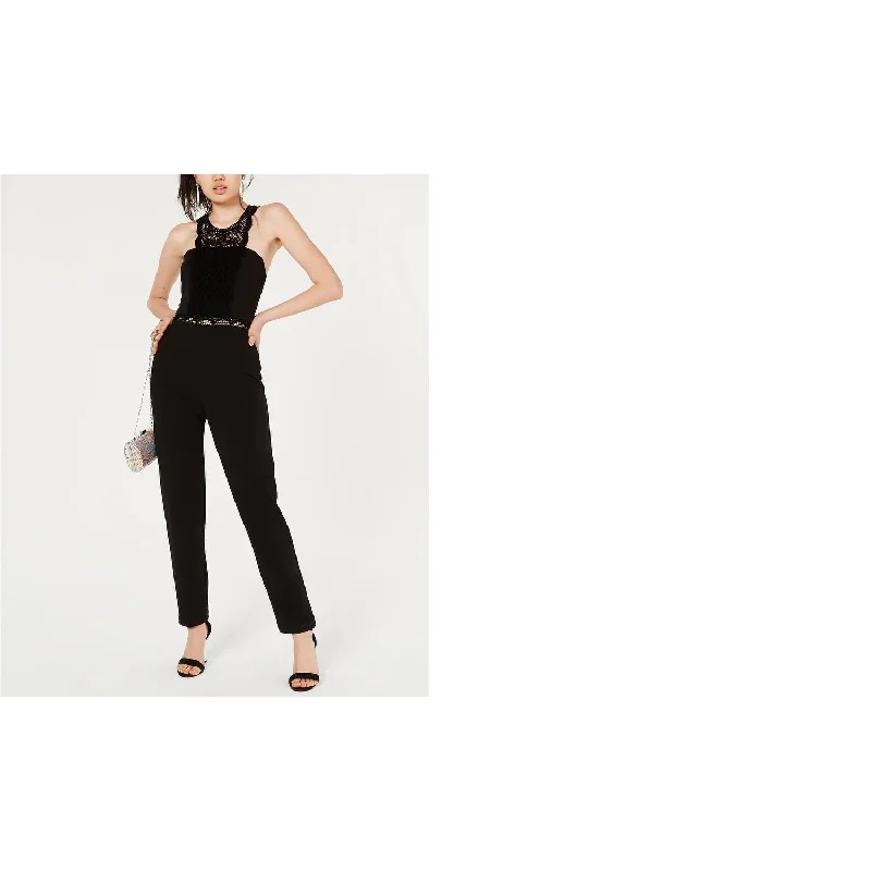 Dessert Matching City Studios Women's Lace Solid Sleeveless Halter Skinny Jumpsuit Black Size 5