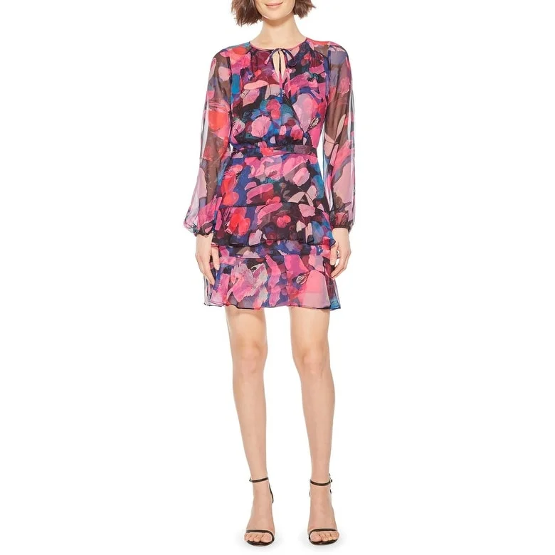 Minimal Comfort Parker Women's Ruffled Fitted Printed Long Sleeve Tie Neck Mini Evening Sheath Dress Blue Size 2 Minimal Comfort Parker Women's Ruffled Fitted Printed Long Sleeve Tie Neck Mini Evening Sheath Dress Blue Size 2