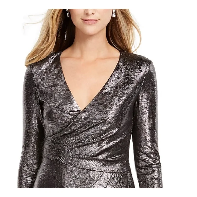 Ethnic Style Adrianna Papell Women's Black Long Sleeve V Neck Midi Tulip Cocktail Dress Charcoal Size 4