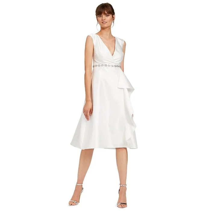 Elegant Outline Adrianna Papell Women's Ruffled Embellished Zippered Sleeveless V Neck Below the Knee Empire Waist Formal Dress White Size 10 Elegant Outline Adrianna Papell Women's Ruffled Embellished Zippered Sleeveless V Neck Below the Knee Empire Waist Formal Dress White Size 10