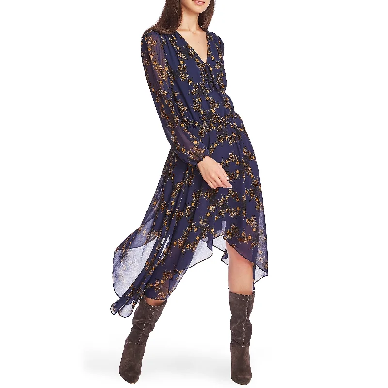 Spiritual Vitality 1.State Women's Midi Dress V Neck Floral Print Blue Size Small