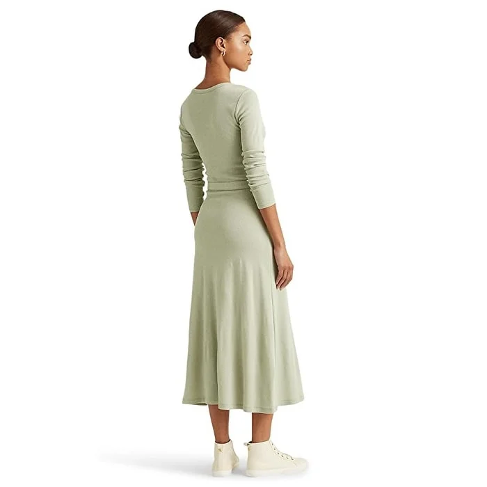 Retro Style Lauren Ralph Lauren Ribbed Long Sleeve Dress Green Size Small