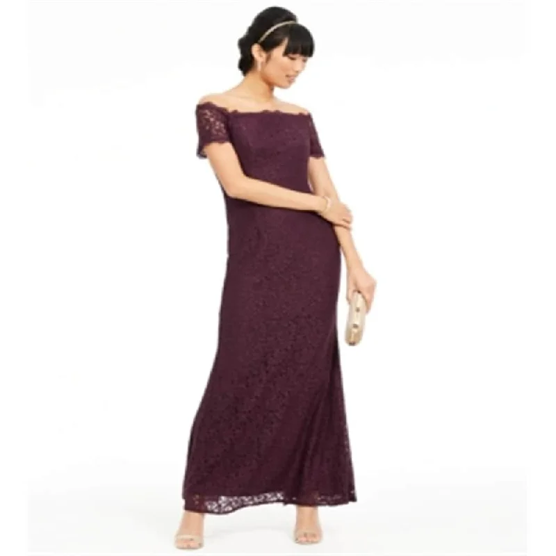 Hooded design Adrianna Papell Women's Off the Shoulder Lace Gown Purple
