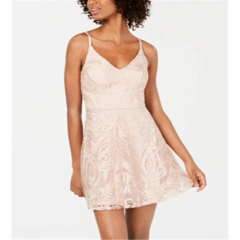 High-end Design Speechless Women's Short Length Low Back Floral Spaghetti Strap V Neck Micro Mini Evening Dress Pink Size 15