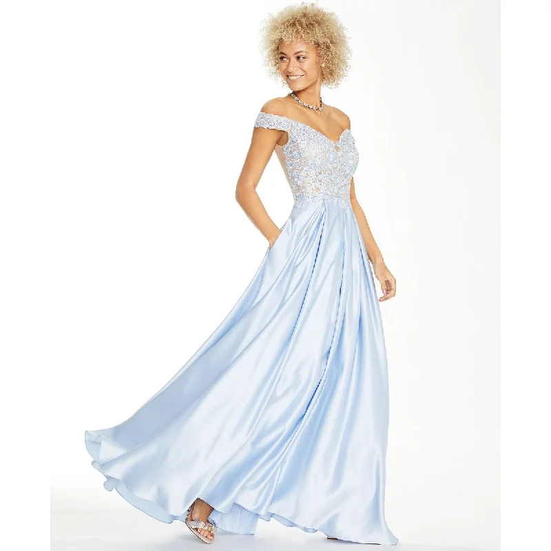 Versatile Comfort Blondie Nites Junior's Off The Shoulder Embroidered Satin Gown Blue Size 0