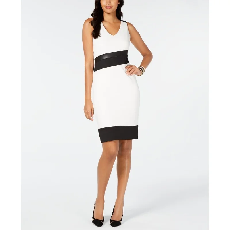 Classic Retro Thalia Sodi Women's Faux Leather Trim Sheath Dress White Size Medium