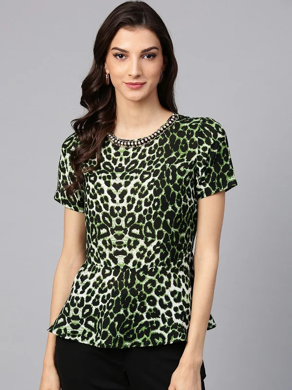 Animal Print Embellished Peplum Top