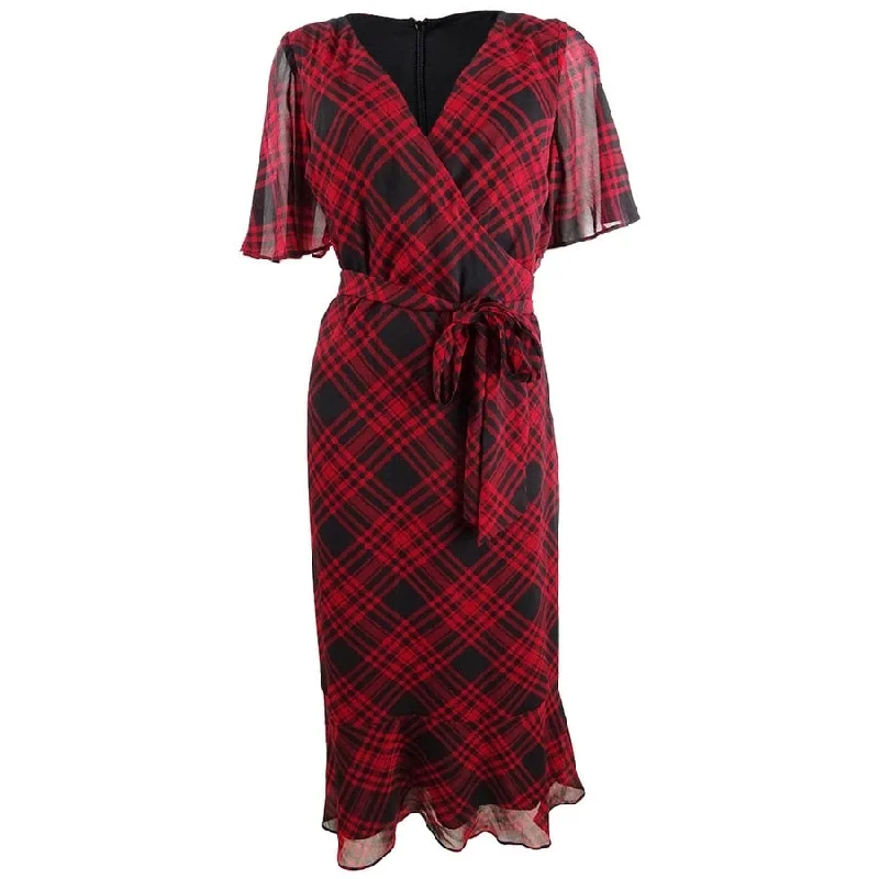 Knitted Design Ralph Lauren Women's Plaid Short Sleeve Below The Knee Sheath Dress Red Size 2 Knitted Design Ralph Lauren Women's Plaid Short Sleeve Below The Knee Sheath Dress Red Size 2