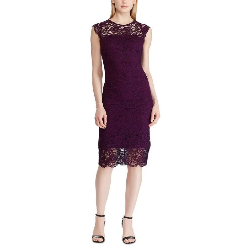 Exclusive Customization Ralph Lauren Women's Purple Lace Zippered Floral Cap Sleeve Illusion Neckline Below The Knee Sheath Evening Dress Purple Size 0