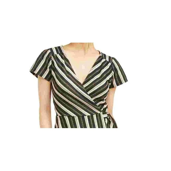 Warm And Comfortable Crystal Dolls Women's Black Striped Short Sleeve V Neck Short Fit + Flare Dress Black Size Medium