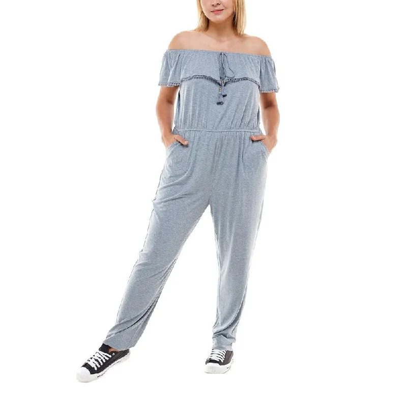Easygoing Style Planet Gold Women's Stretch Pocketed Tie Ruffled Crochet Trim Short Sleeve Off Shoulder Straight Leg Jumpsuit Gray Size 2X Easygoing Style Planet Gold Women's Stretch Pocketed Tie Ruffled Crochet Trim Short Sleeve Off Shoulder Straight Leg Jumpsuit Gray Size 2X
