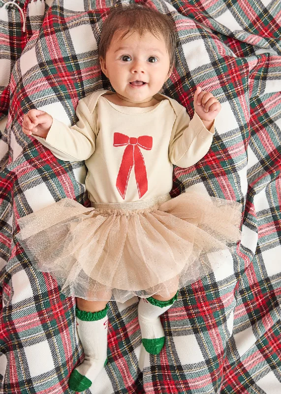 Simple Design Holiday Bow Long Sleeve Onesie - Natural