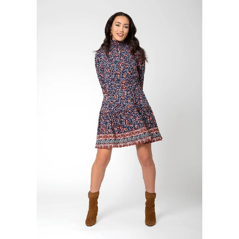 Youthful Style Leota Women's Long Sleeve Olive Boho Tiered Jersey Dress Blue