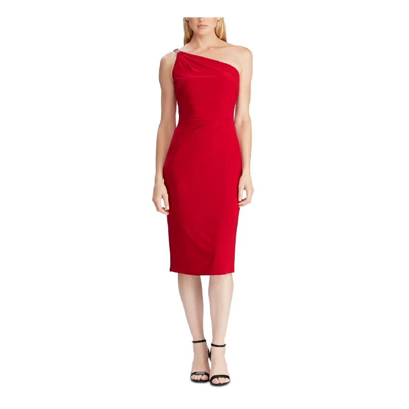 High-end Wear Ralph Lauren Women's Embellished Sleeveless Asymmetrical Neckline Below The Knee Body Con Cocktail Dress Red Size 10 High-end Wear Ralph Lauren Women's Embellished Sleeveless Asymmetrical Neckline Below The Knee Body Con Cocktail Dress Red Size 10