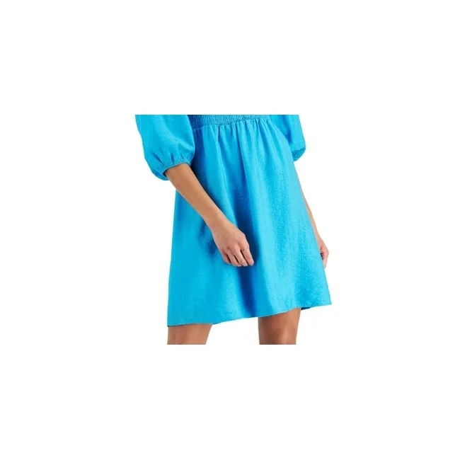 High-end Customization Bar Iii Women's Puff Sleeve Smocked Dress Blue Size Small