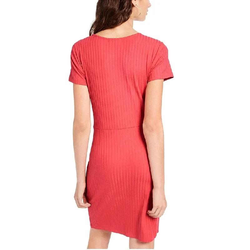 Short Design Ultra Flirt Women's Ribbed Patterned Short Sleeve Jewel Neck Above The Knee Sheath Dress Pink Size Xx-Small